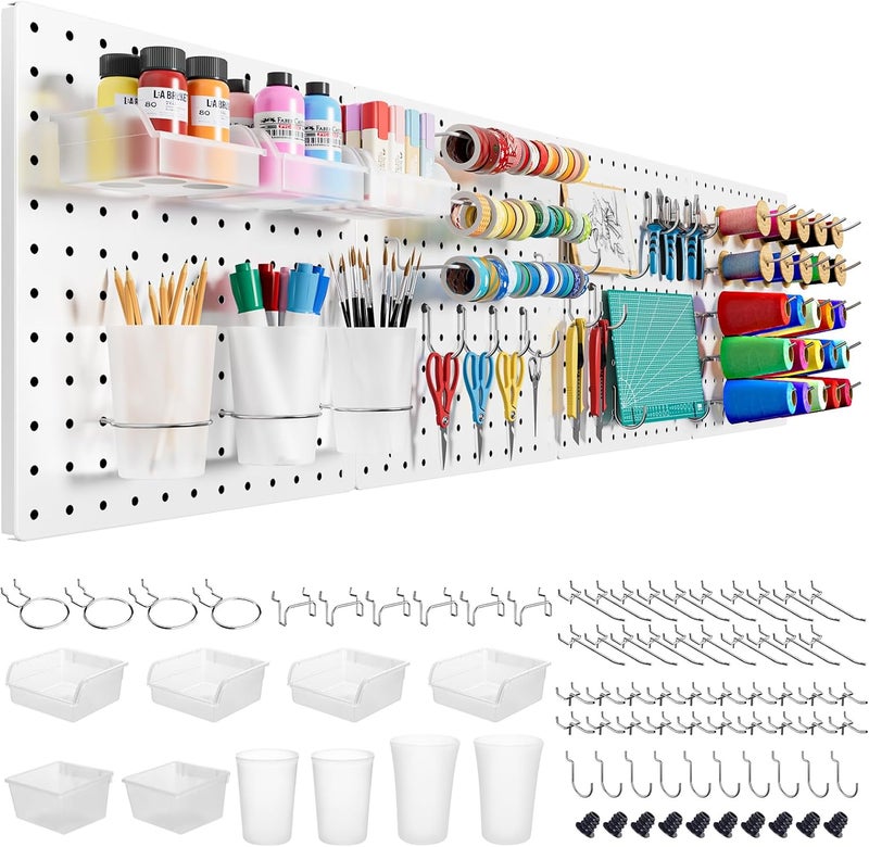 FZK Peg Board, 4PCS Metal Pegboard Wall Organizer Kit. Heavy Duty Pegboard, Peg Boards, Pegboard for Walls, White Pegboard for Garage Craft Room Workbench Office Kitchen Tool Organization - Image 1